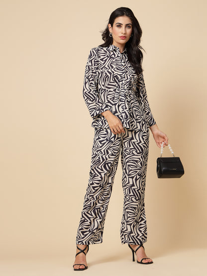 Gipsy Women Black Printed Georgette Bishop Full Sleeve Collared Neck Cord Set