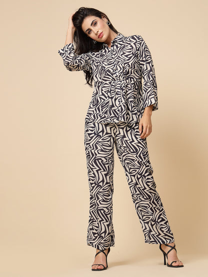 Gipsy Women Black Printed Georgette Bishop Full Sleeve Collared Neck Cord Set