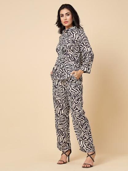 Gipsy Women Black Printed Georgette Bishop Full Sleeve Collared Neck Cord Set