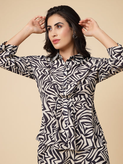 Gipsy Women Black Printed Georgette Bishop Full Sleeve Collared Neck Cord Set