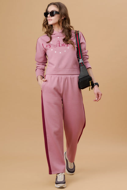 Gipsy Women Hooded Neck Regular Full Sleeves Cotton/Poly Fabric Dusky Pink Co-Ord Sets