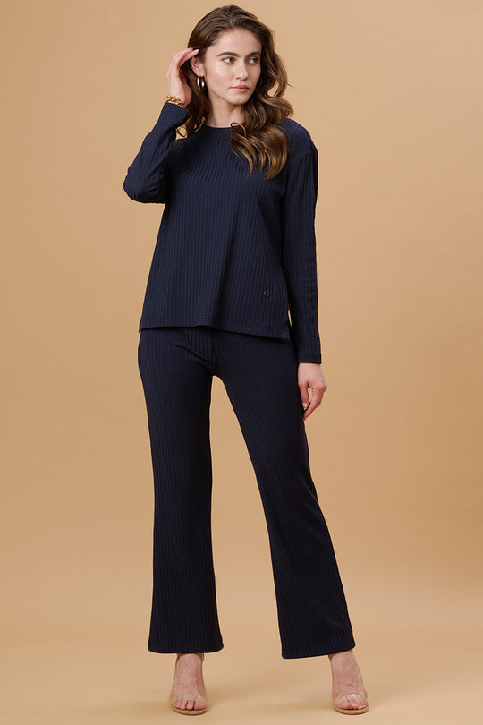 Gipsy Women Round Neck Regular Full Sleeves Poly Knit Fabric Navy Co-Ord Set