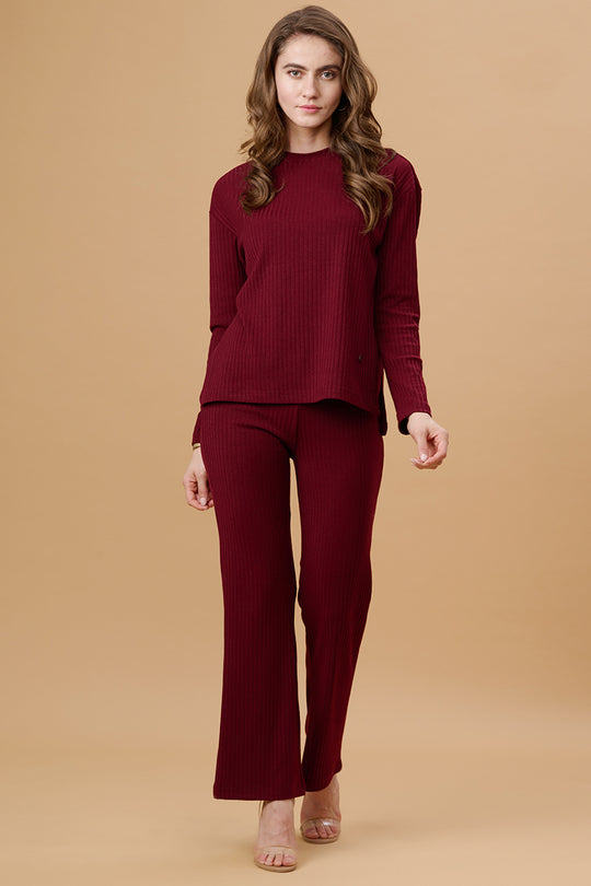 Gipsy Women Round Neck Regular Full Sleeves Poly Knit Fabric Wine Co-Ord Set