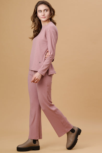 Gipsy Women Round Neck Regular Full Sleeves Poly Knit Fabric Dusky Pink Co-Ord Sets