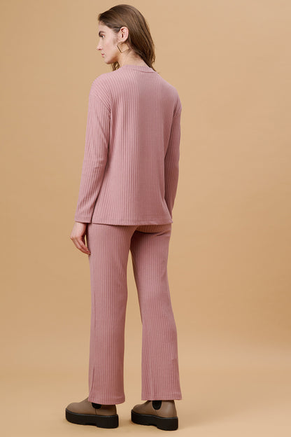 Gipsy Women Round Neck Regular Full Sleeves Poly Knit Fabric Dusky Pink Co-Ord Sets