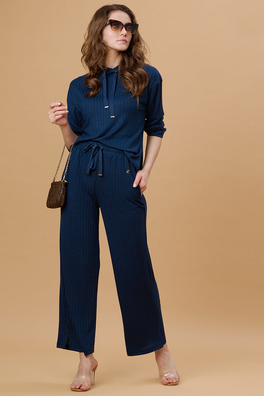 Gipsy Women Hooded Neck Regular Full Sleeves Poly Knit Fabric Teal Co-Ord Set