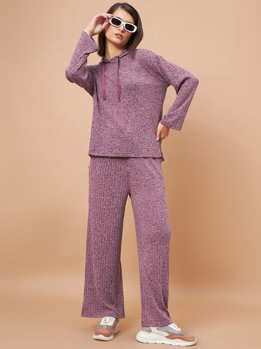 Gipsy Women Hoodie Neck Straight Full Sleeve Poly Knit Fabric Wine Co-Ord Sets