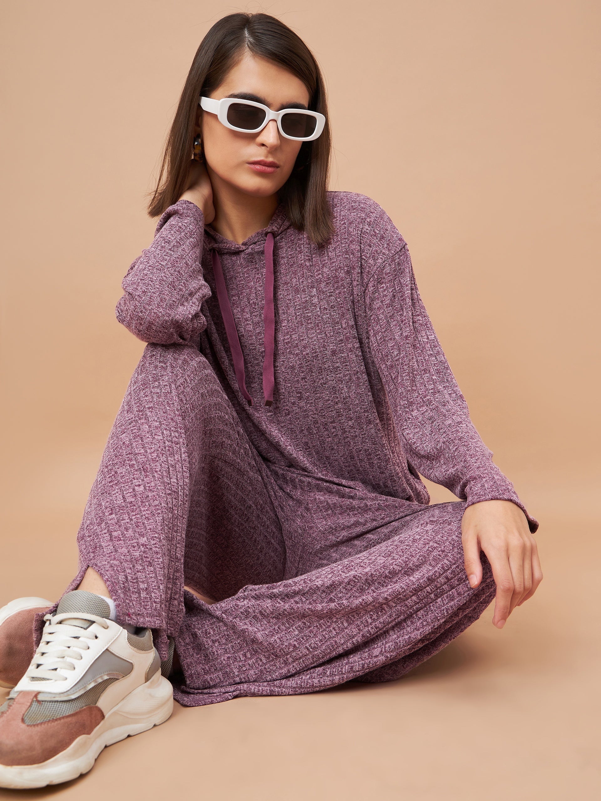 Gipsy Women Hoodie Neck Straight Full Sleeve Poly Knit Fabric Wine Co-Ord Set