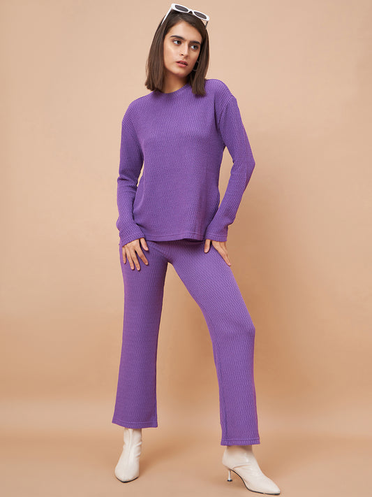 Gipsy Women Round Neck Straight Full Sleeve Poly Knit Fabric Purple Co-Ord Sets
