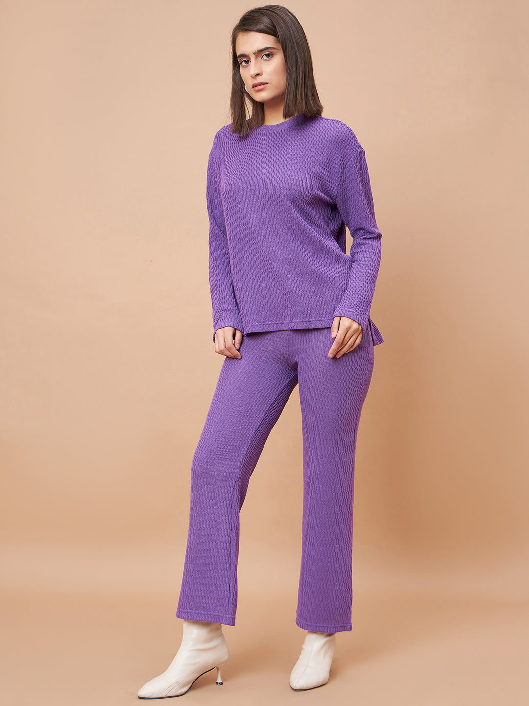 Gipsy Women Round Neck Straight Full Sleeve Poly Knit Fabric Purple Co-Ord Set