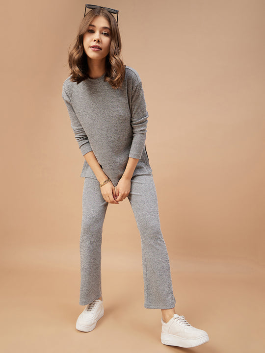 Gipsy Women Grey Solid Poly Knit Bishop Sleeve Round Neck Co-Ord Set