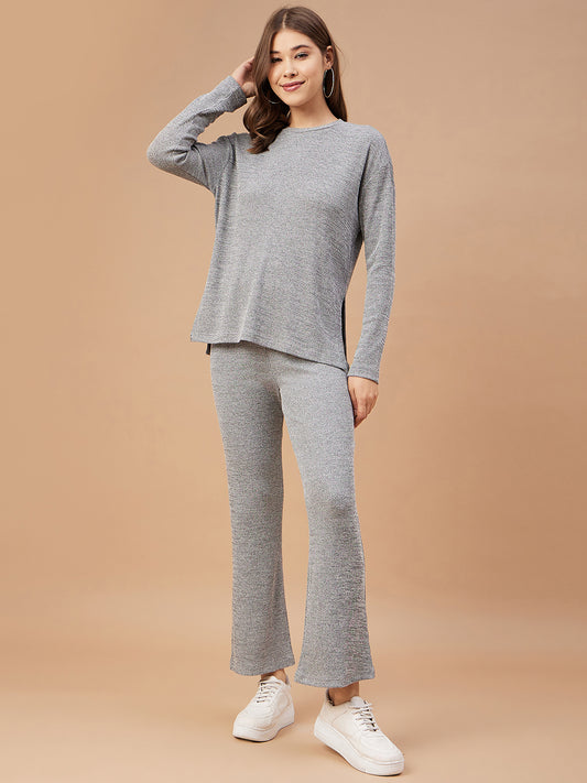 Gipsy Women Grey Solid Poly Knit Bishop Sleeve Round Neck Co-Ord Set