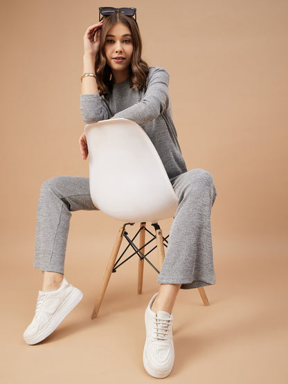 Gipsy Women Grey Solid Poly Knit Bishop Sleeve Round Neck Co-Ord Set