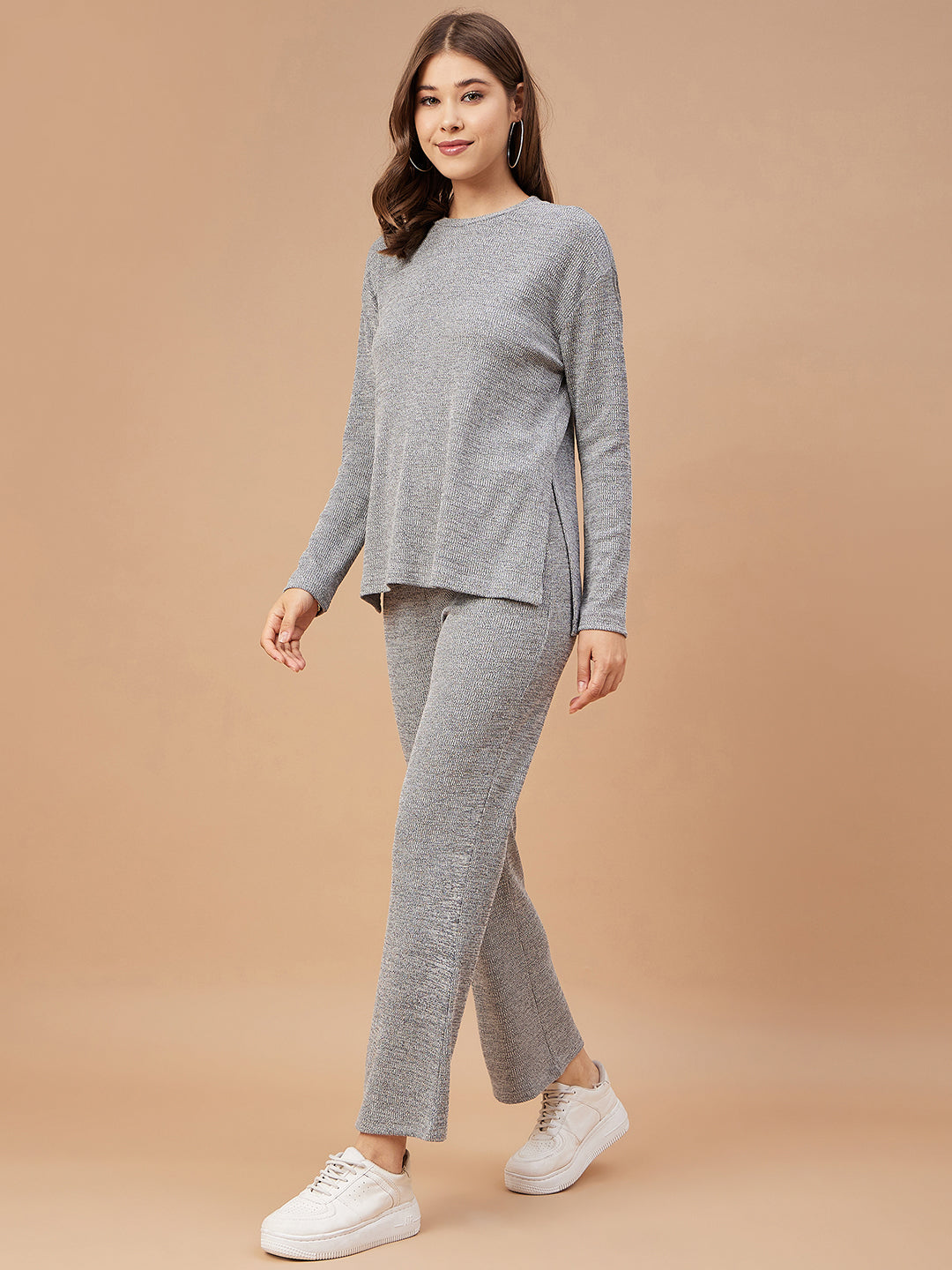 Gipsy Women Grey Solid Poly Knit Bishop Sleeve Round Neck Co-Ord Set