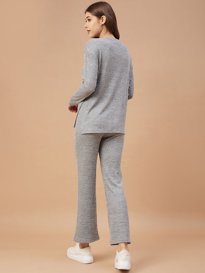 Gipsy Women Grey Solid Poly Knit Bishop Sleeve Round Neck Co-Ord Set