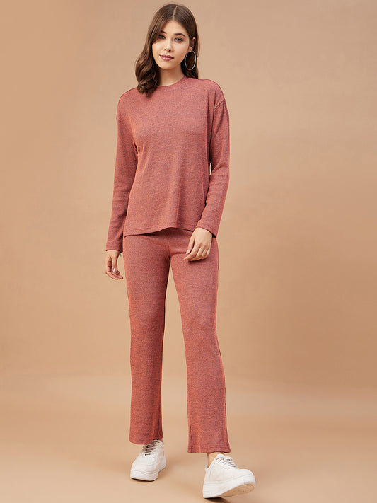 Gipsy Women Rust Solid Poly Knit Bishop Sleeve Round Neck Co-Ord Sets