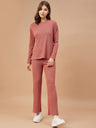 Gipsy Women Rust Solid Poly Knit Bishop Sleeve Round Neck Co-Ord Sets