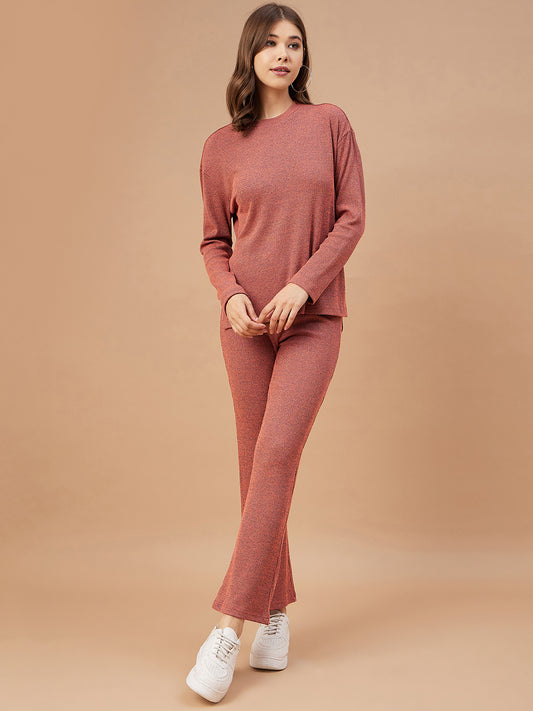 Gipsy Women Rust Solid Poly Knit Bishop Sleeve Round Neck Co-Ord Sets
