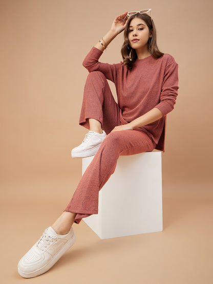 Gipsy Women Rust Solid Poly Knit Bishop Sleeve Round Neck Co-Ord Sets