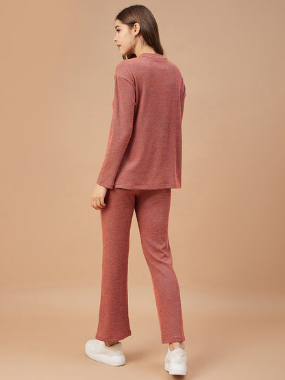 Gipsy Women Rust Solid Poly Knit Bishop Sleeve Round Neck Co-Ord Sets