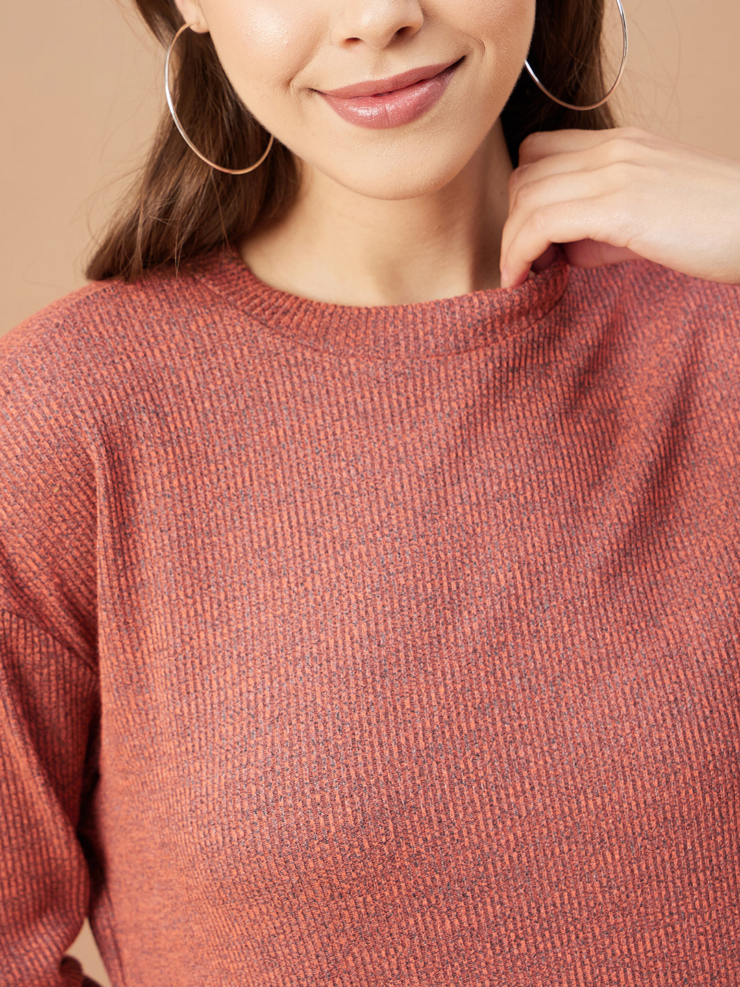 Gipsy Women Rust Solid Poly Knit Bishop Sleeve Round Neck Co-Ord Sets