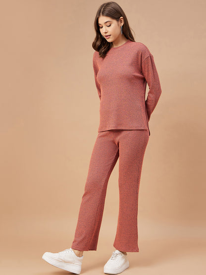Gipsy Women Rust Solid Poly Knit Bishop Sleeve Round Neck Co-Ord Sets