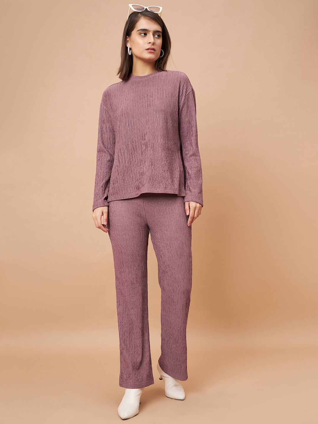 Gipsy Women Round Neck Straight Full Sleeve Polyester Fabric Aubergine Co-Ord Set