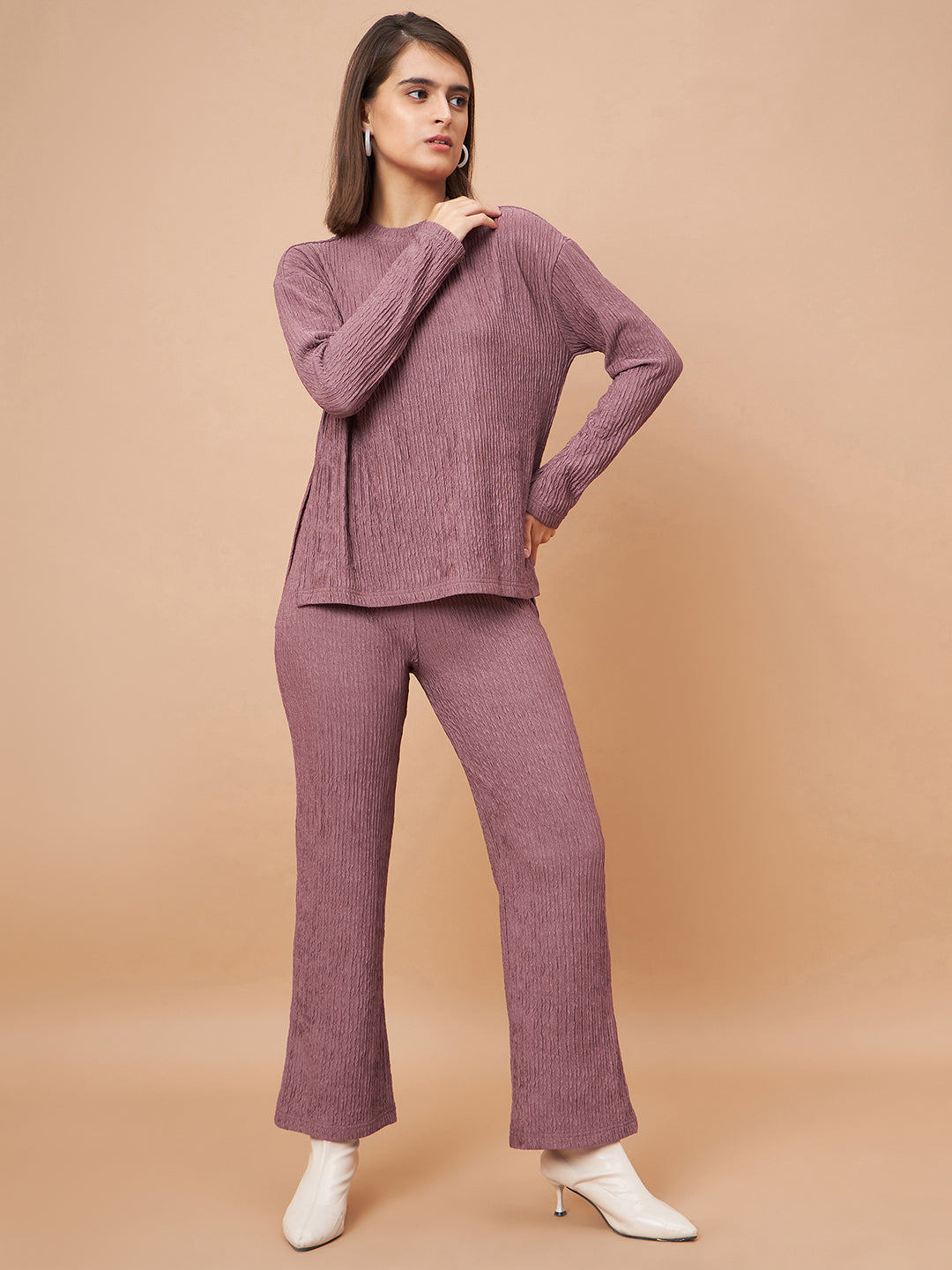 Gipsy Women Round Neck Straight Full Sleeve Polyester Fabric Aubergine Co-Ord Set