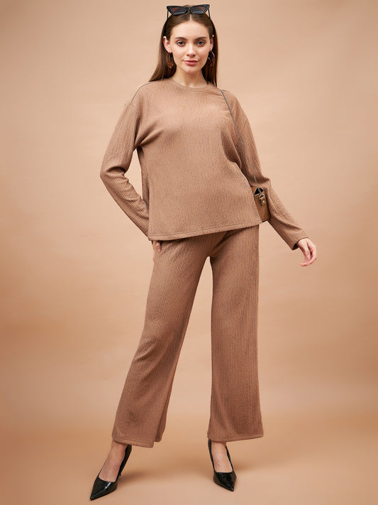 Gipsy Women Round Neck Straight Full Sleeve Polyester Fabric Beige Co-Ord Sets