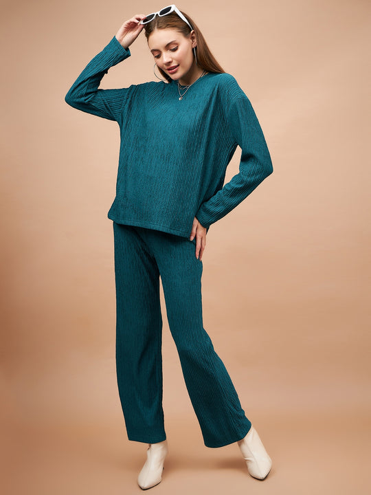 Gipsy Women Round Neck Straight Full Sleeve Polyester Fabric Bottle Green Co-Ord Set