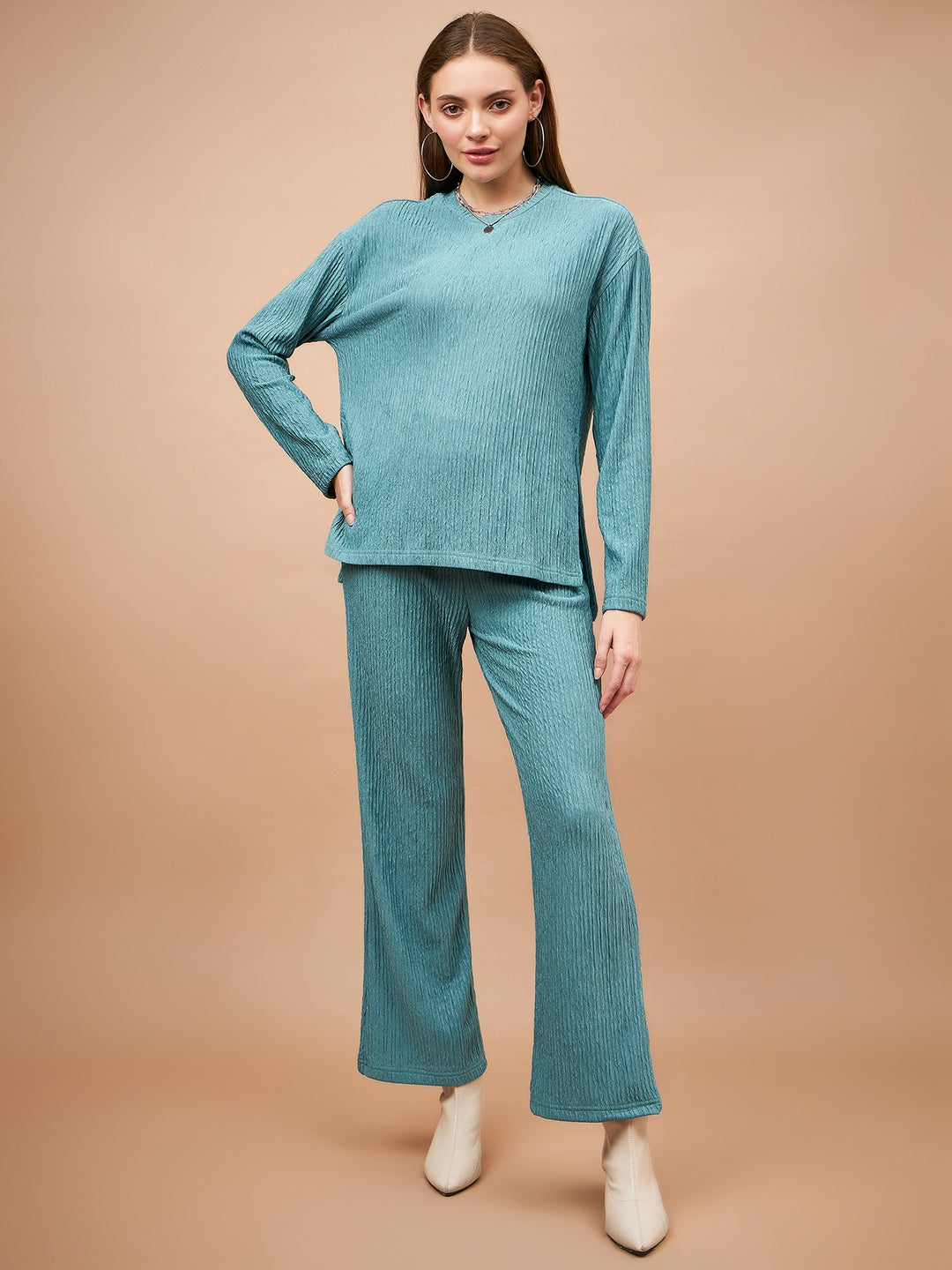 Gipsy Women Round Neck Straight Full Sleeve Polyester Fabric Sage Co-Ord Set