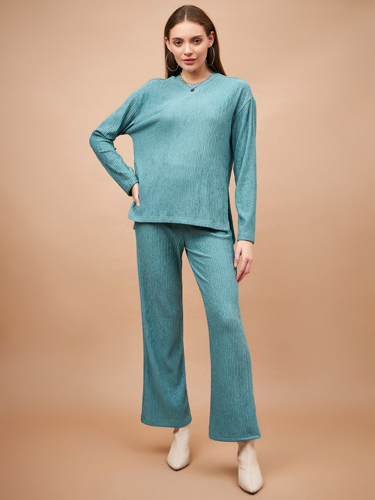 Gipsy Women Round Neck Straight Full Sleeve Polyester Fabric Sage Co-Ord Set