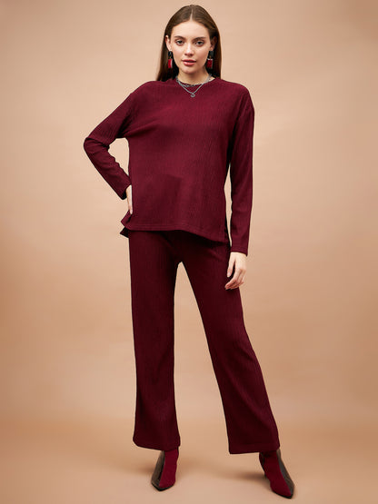 Gipsy Women Round Neck Straight Full Sleeve Polyester Fabric Maroon Co-Ord Set