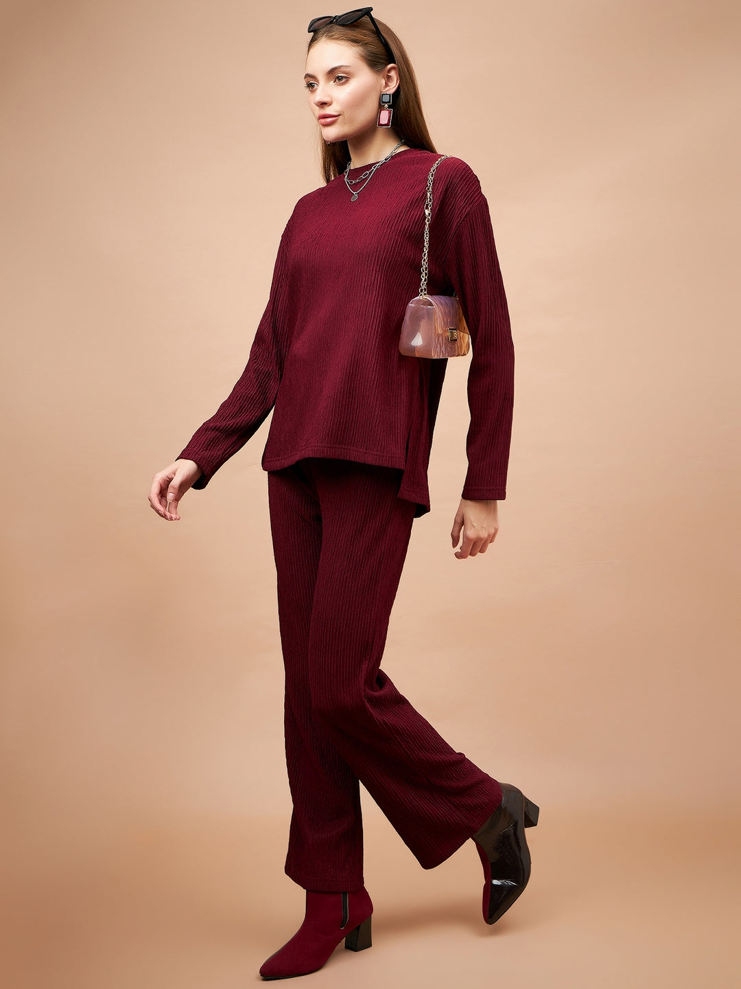Gipsy Women Round Neck Straight Full Sleeve Polyester Fabric Maroon Co-Ord Set