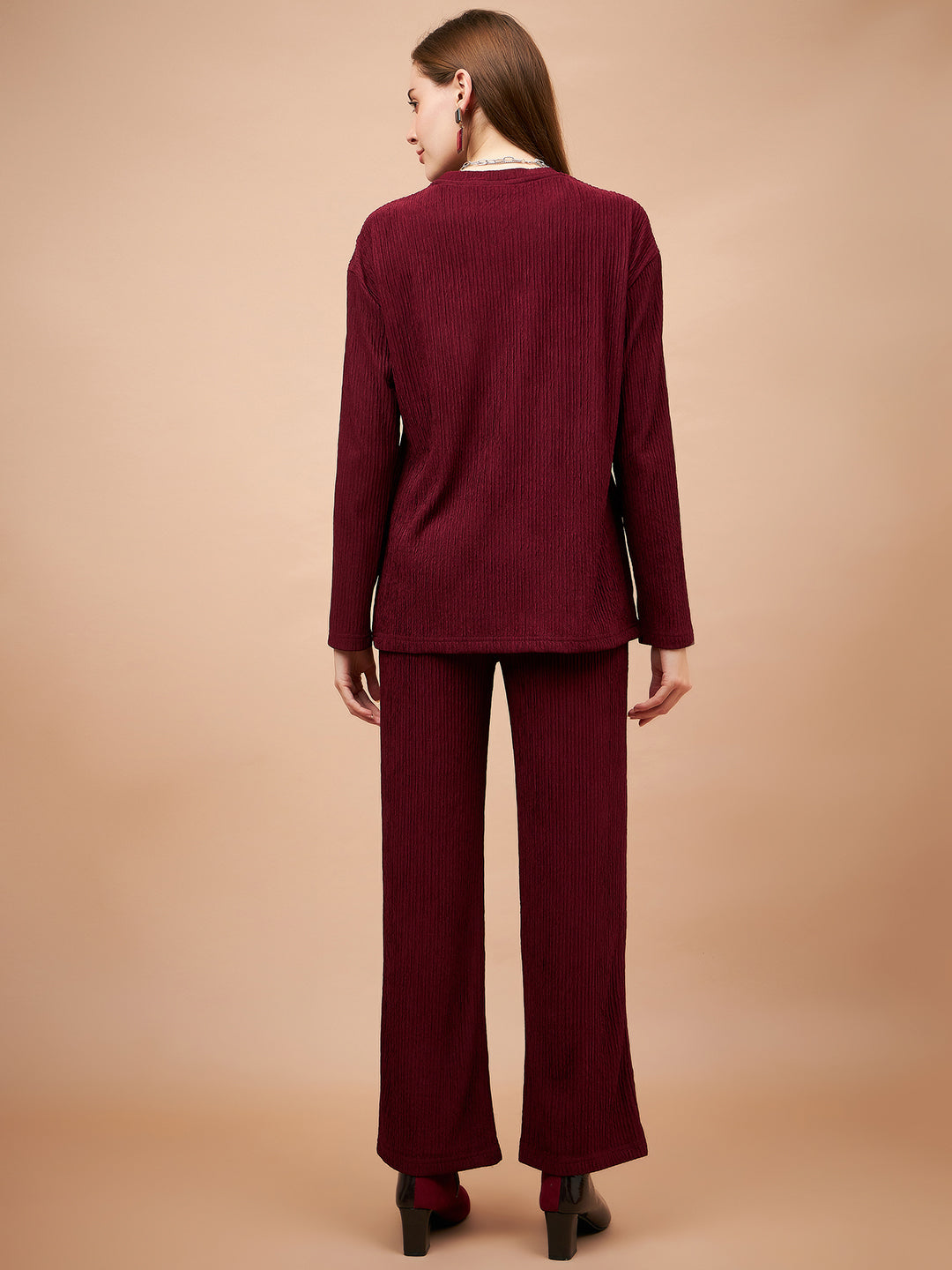 Gipsy Women Round Neck Straight Full Sleeve Polyester Fabric Maroon Co-Ord Set
