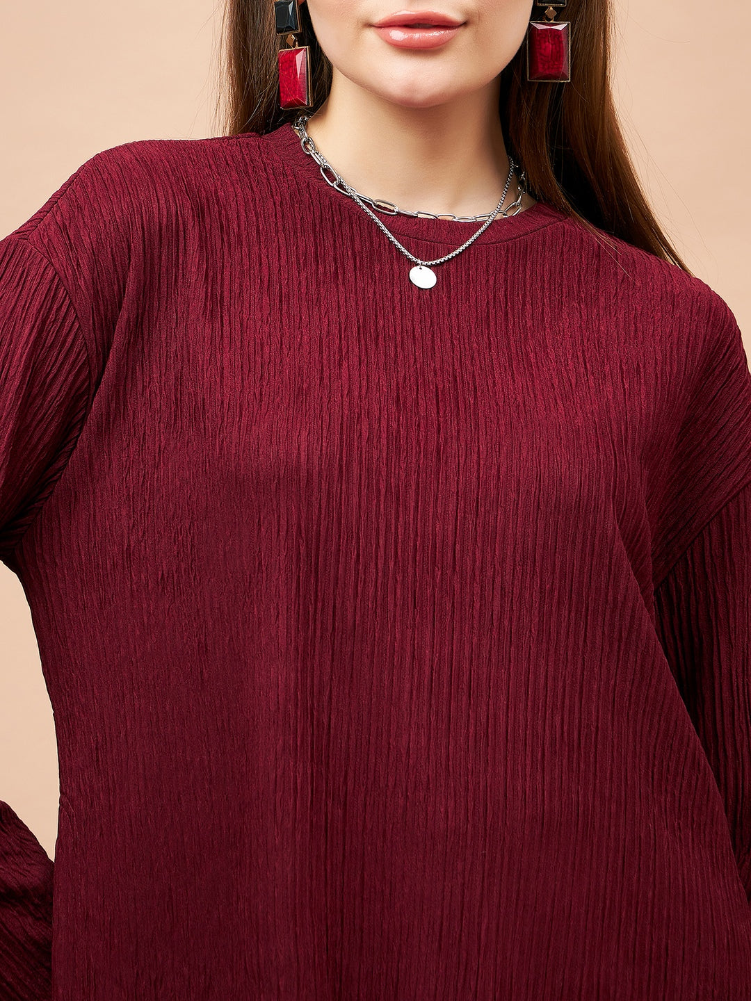 Gipsy Women Round Neck Straight Full Sleeve Polyester Fabric Maroon Co-Ord Set