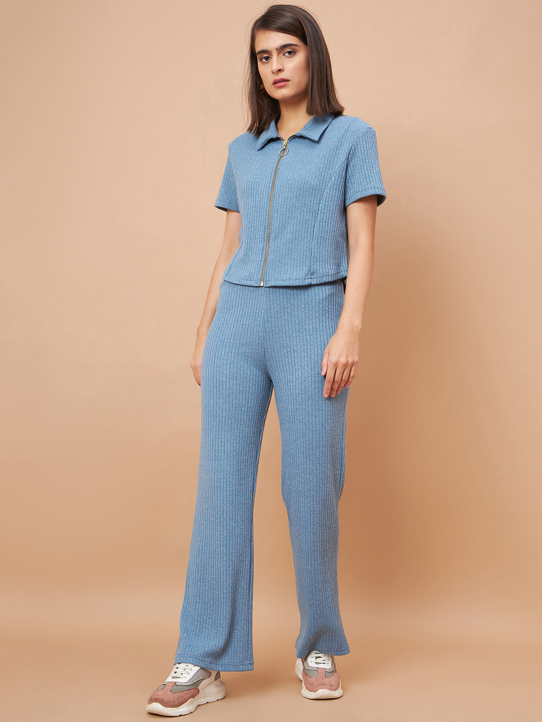 Gipsy Women Flat Collar Straight Half Sleeve Poly Knit Fabric Blue Co-Ord Set
