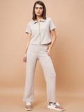 Gipsy Women Flat Collar Straight Half Sleeve Poly Knit Fabric Beige Co-Ord Set