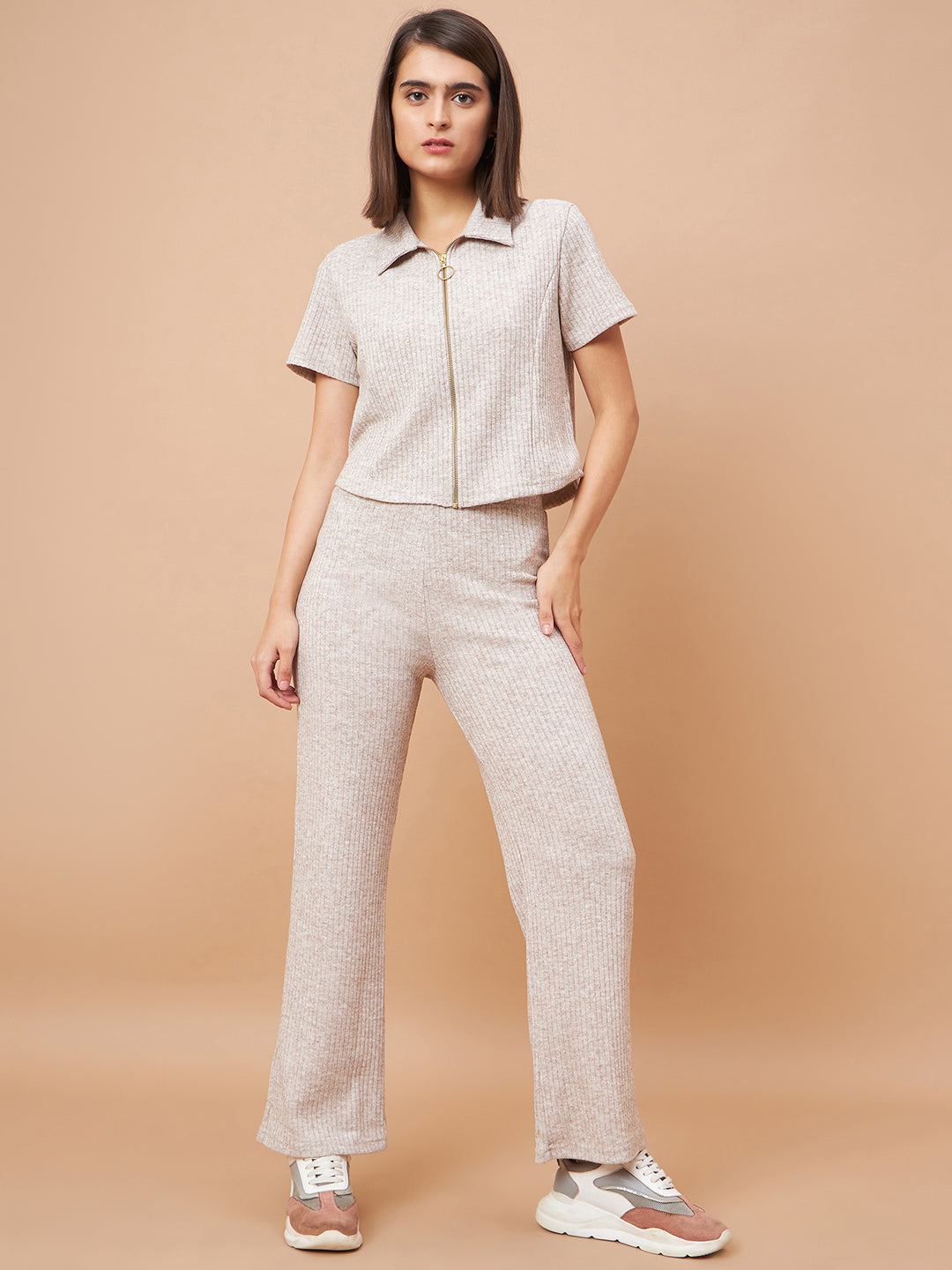 Gipsy Women Flat Collar Straight Half Sleeve Poly Knit Fabric Beige Co-Ord Set