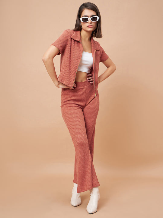 Gipsy Women Flat Collar Straight Half Sleeve Poly Knit Fabric Rust Co-Ord Set