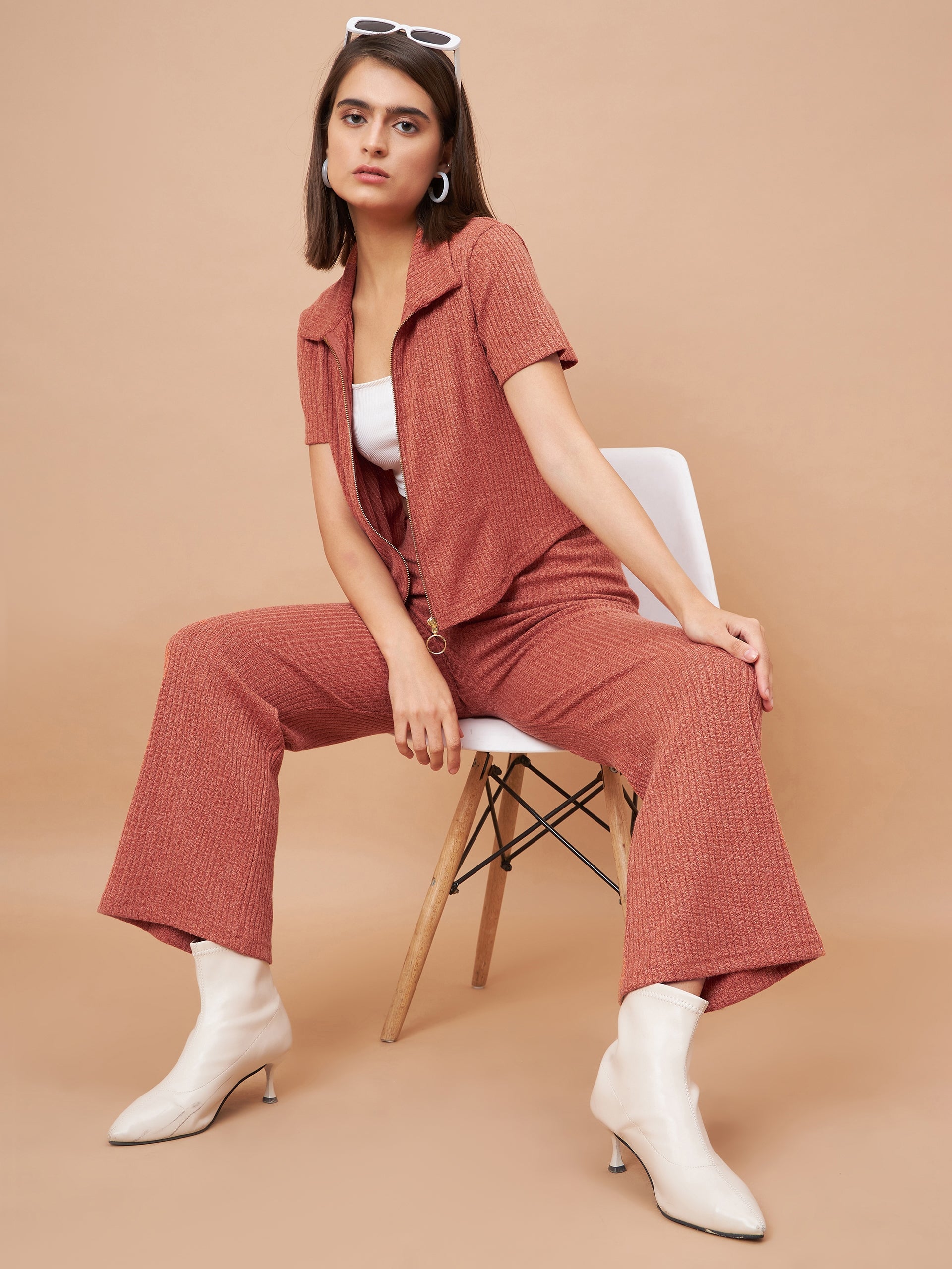Gipsy Women Flat Collar Straight Half Sleeve Poly Knit Fabric Rust Co-Ord Set