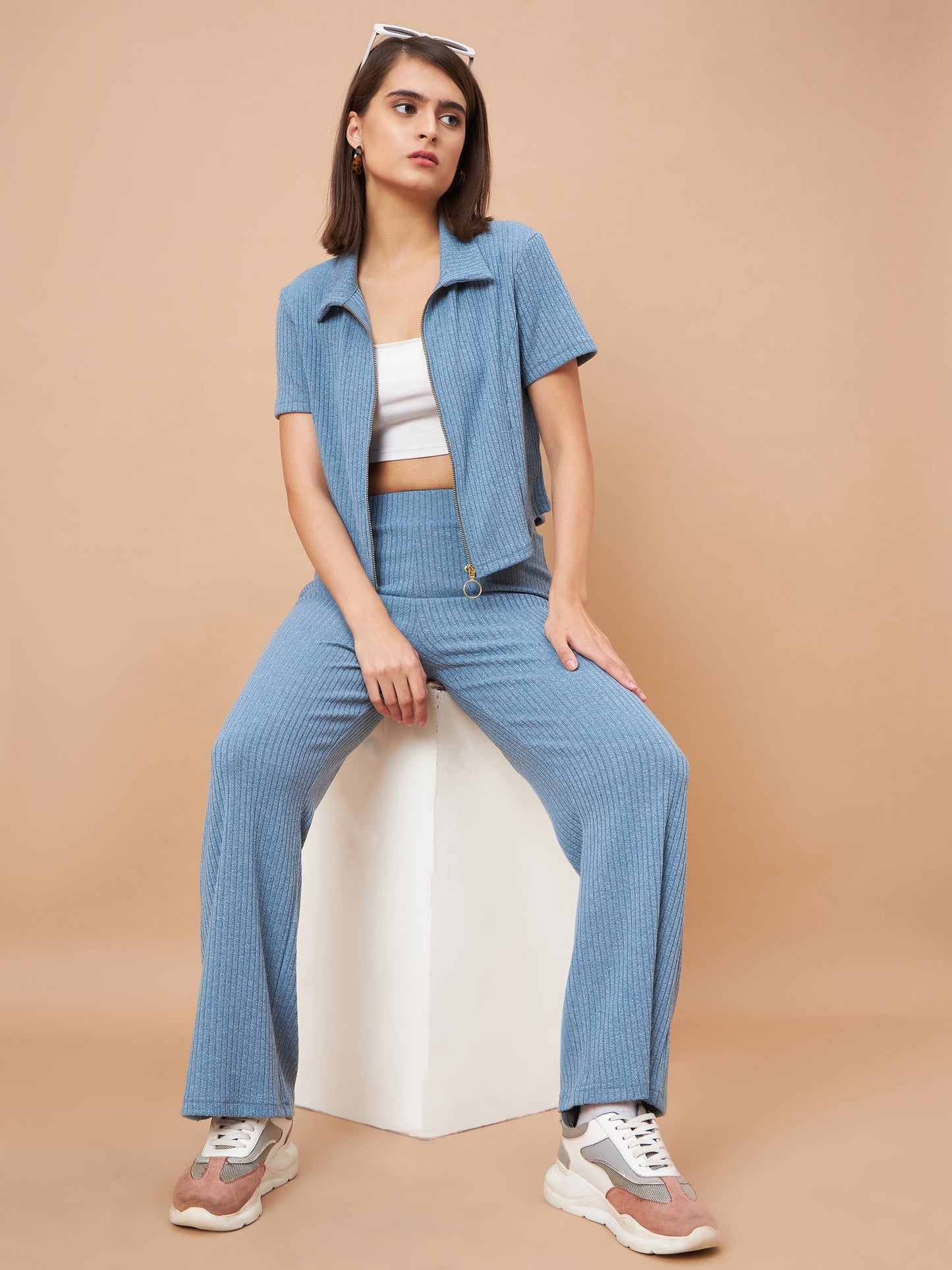 Gipsy Women Flat Collar Straight Half Sleeve Poly Knit Fabric Blue Co-Ord Set