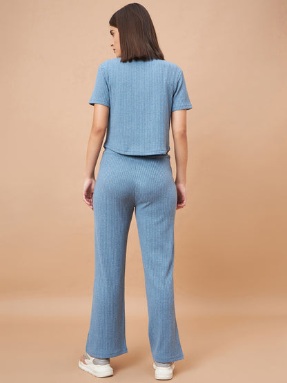 Gipsy Women Flat Collar Straight Half Sleeve Poly Knit Fabric Blue Co-Ord Set
