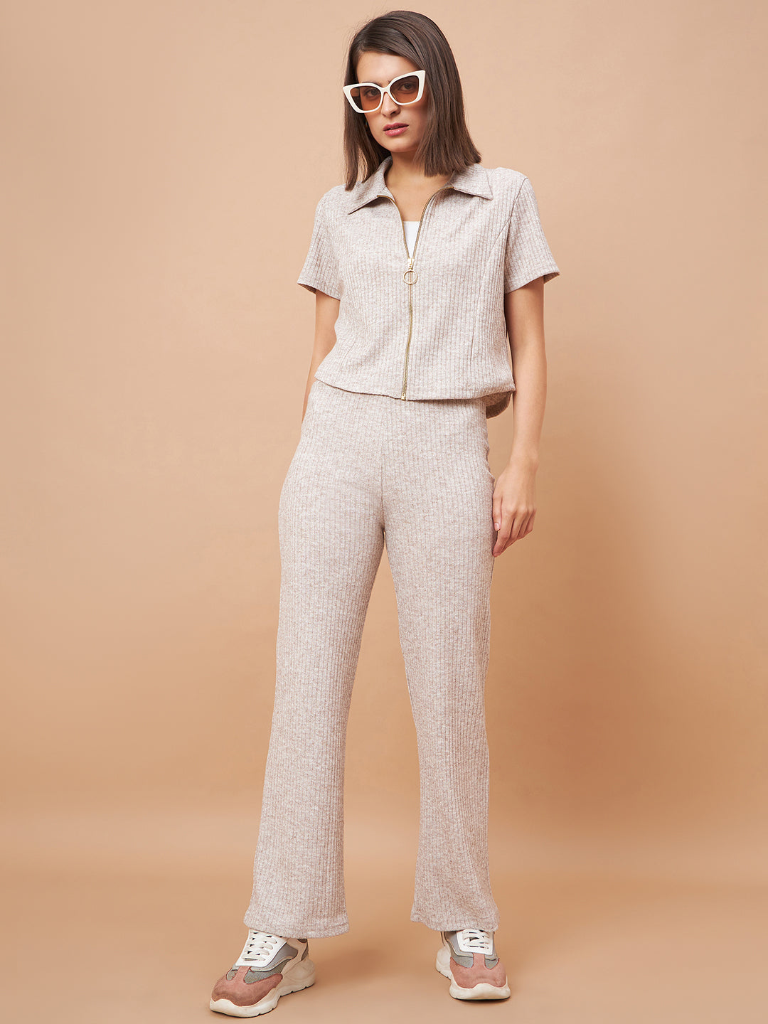 Gipsy Women Flat Collar Straight Half Sleeve Poly Knit Fabric Beige Co-Ord Set