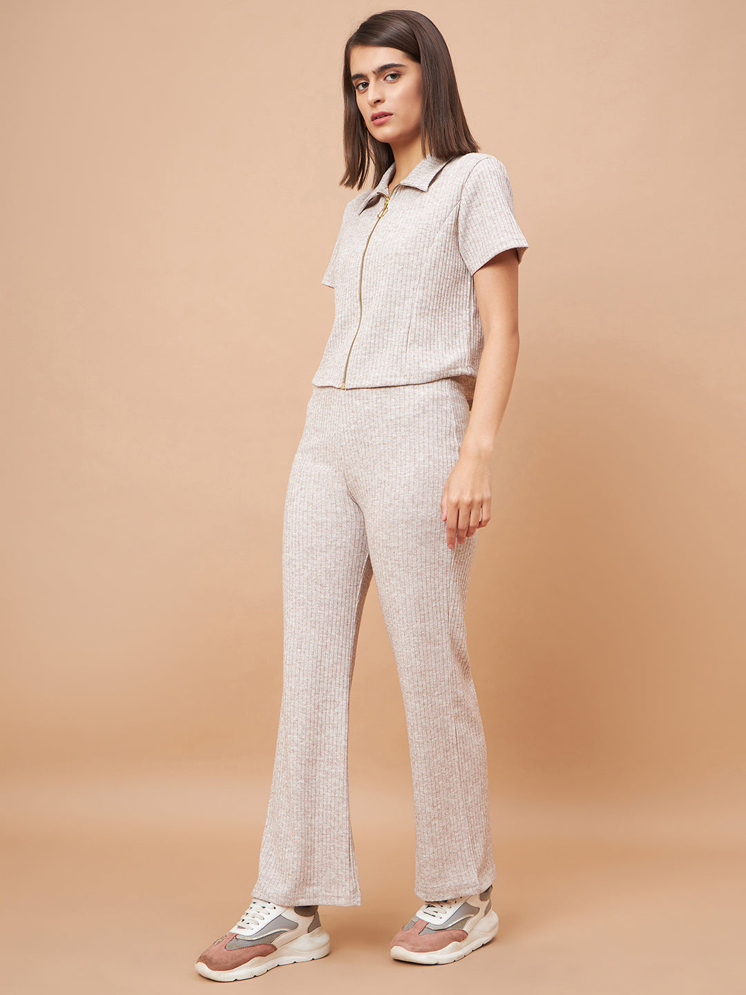 Gipsy Women Flat Collar Straight Half Sleeve Poly Knit Fabric Beige Co-Ord Set