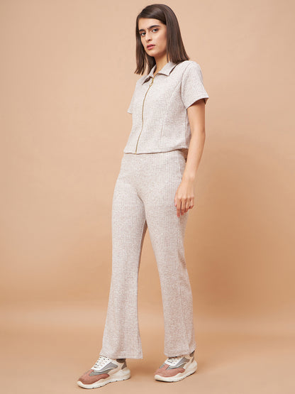 Gipsy Women Flat Collar Straight Half Sleeve Poly Knit Fabric Beige Co-Ord Set