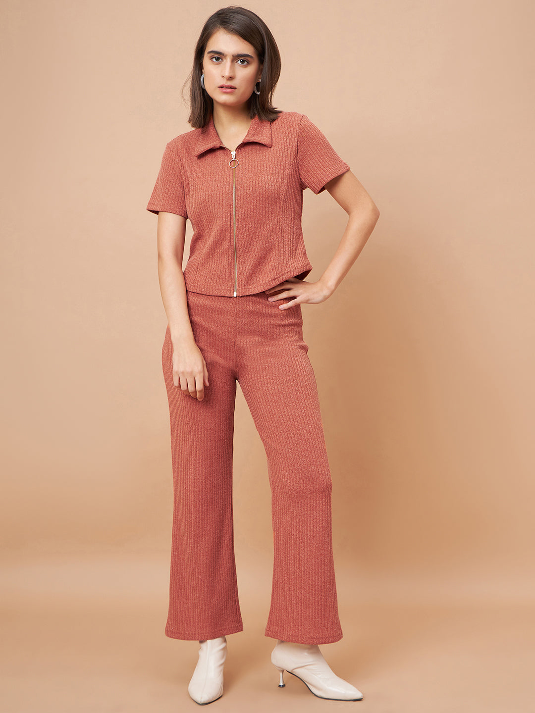 Gipsy Women Flat Collar Straight Half Sleeve Poly Knit Fabric Rust Co-Ord Set