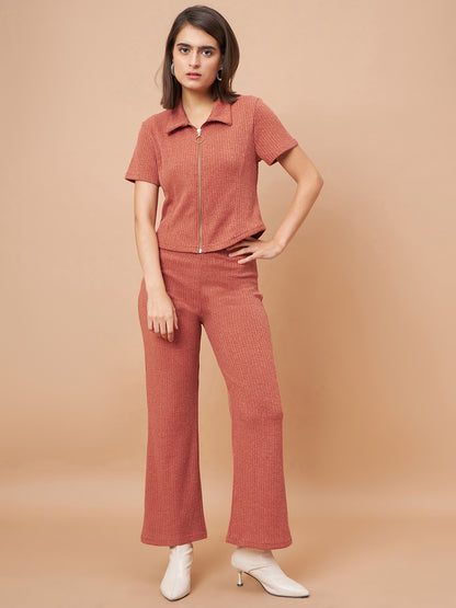Gipsy Women Flat Collar Straight Half Sleeve Poly Knit Fabric Rust Co-Ord Set