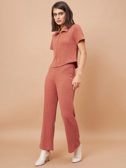 Gipsy Women Flat Collar Straight Half Sleeve Poly Knit Fabric Rust Co-Ord Set