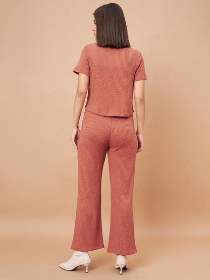 Gipsy Women Flat Collar Straight Half Sleeve Poly Knit Fabric Rust Co-Ord Set